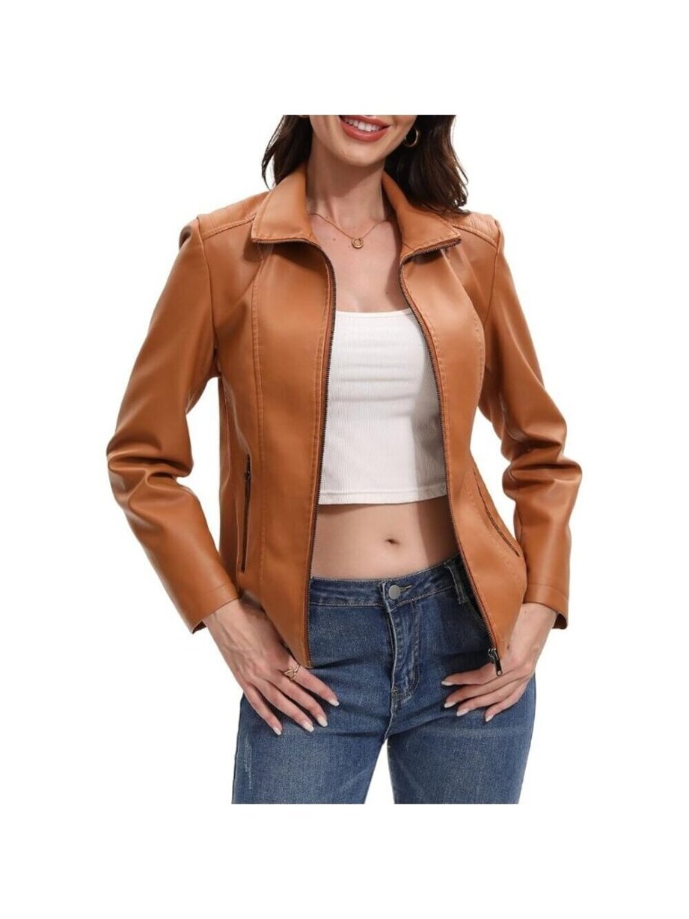Women Brown Faux Leather Jacket Motorcycle Fashion Zip Up Trendy Going Out Coat
